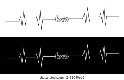 A stylized cardiogram with a heart rhythm and the word "love". Seamless rhythm of a loving heart. A hand drawn  in doodling style. Isolated on a white and black background. vector illustration. EPS 10