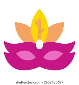A stylized carnival mask with geometric shapes and bold colors.