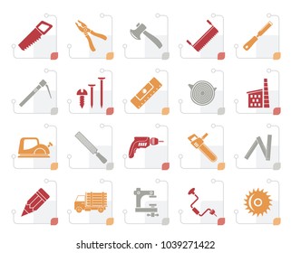 Stylized Carpentry, logging and woodworking icons - vector icon set