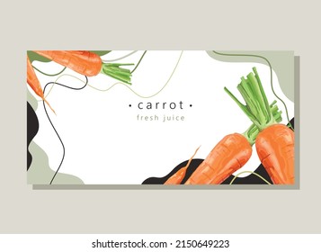 Stylized carrot on an abstract background with text. Fresh orange carrot. Banner, poster, wrapping paper, sticker, print, modern textile design. Vector illustration. 