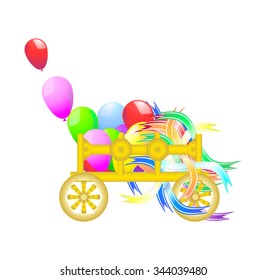 Stylized cart with balloons and colored ribbons