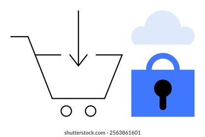 Stylized cart with downward arrow represents online shopping and downloading. Cloud and lock icon suggest secure transactions and data storage online. Ideal for e-commerce, cybersecurity, data