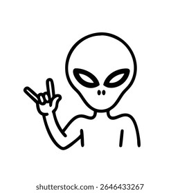 Cartoon estilizado Alien fazendo Rock and Roll sinal de mão: Linha simples arte ícone extraterrestre no fundo branco