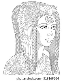 Stylized cartoon ancient egyptian queen Cleopatra (Nefertiti), isolated on white background. Freehand sketch for adult anti stress coloring book page with doodle and zentangle elements.