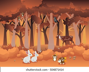 Stylized cartoon autumn forest landscape with shrubs, trees and animals.