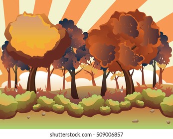 Stylized cartoon autumn forest landscape with shrubs, trees.