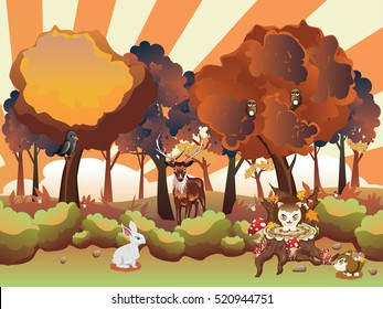 Stylized Cartoon Autumn Forest Landscape With Shrubs, Trees And Animals.