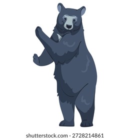 Oso estilizado de la historieta que se coloca en las patas traseras y que agita, estilo gráfico plano, aislado en el fondo blanco. Concepto de animal salvaje amistoso. Ilustración vectorial