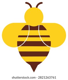A stylized cartoon bee facing forward with bright yellow abdomen and wings, brown stripes, and white antenna connections on a white background.