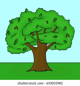 Stylized cartoon big green oak tree with leaves and acorns. Vector graphic illustration.