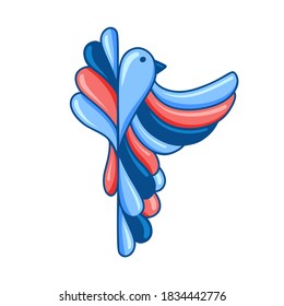 Stylized cartoon bird with spread wing. Colorful female tattoo, poster, print. Hand drawn flat illustration of freedom. Isolated vector on white background. Blue, red color