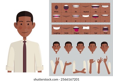 Stylized Cartoon Black Man Character Face Creation, with expressions, Lip-sync, Hand Gestures and emotions. Ideal for Animations, Presentations and posing, Flat Design, Vector Illustration