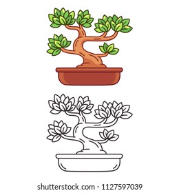 Stylized cartoon Bonsai tree, black and white line art and color drawing. Japanese miniature tree vector illustration.
