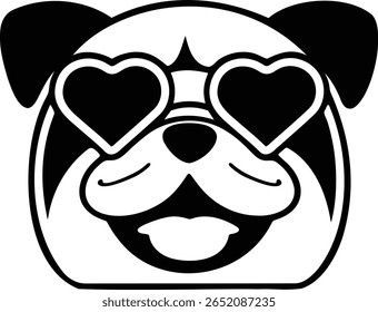 Cartão estilizado buldogue rosto com óculos em forma de coração e uma expressão sorridente, renderizado em um estilo vetorial preto e branco arrojado.

