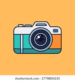 Stylized cartoon camera icon with a lens and colorful details on an orange background, photography