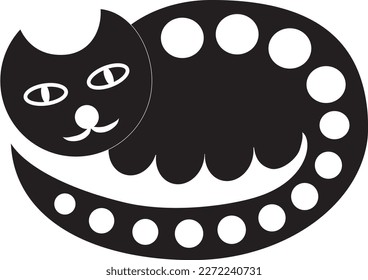 Stylized cartoon cat. Graphic stylish drawing, logo. Black and white graphics, vector.