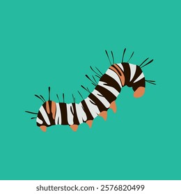 A stylized, cartoon caterpillar with black and white stripes and orange segments, set against a vibrant teal background.