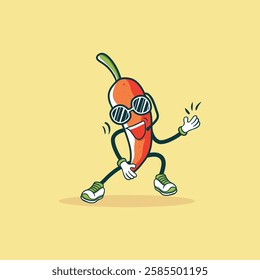 A stylized cartoon chili pepper wearing sunglasses dances in a lively and joyful pose.