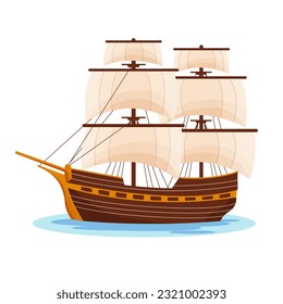 Stylized cartoon classic ship illustration, Old ship with white sales, sailing in the sea