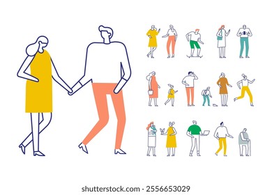 Stylized cartoon colorful line art people bundle with diverse poses and characters isolated on white background. Abstract people silhouettes