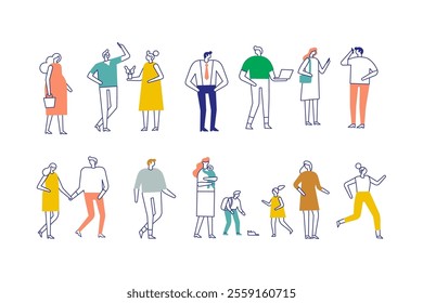 Stylized cartoon colorful line art people bundle with diverse poses and characters isolated on white background. Abstract people silhouettes