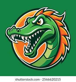 A stylized, cartoon crocodile head logo, featuring a fierce expression and vibrant colors