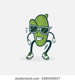 A stylized cartoon cucumber character is depicted wearing sunglasses and sneakers, conveying a cool and fun personality.