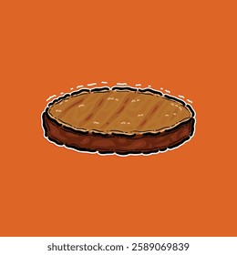 A stylized cartoon depiction of a single grilled hamburger patty resting on a vibrant orange background, emphasizing delicious food.