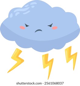 Stylized, cartoon depiction of a storm cloud with an angry expression, producing lightning bolts, set against a plain white backdrop, evokes a sense of stormy weather and potential danger