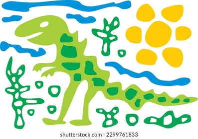 Stylized cartoon dinosaur on the background of the sun and cacti. Naive art. Vector graphics.