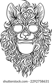 Stylized cartoon dog with glasses and cup. Highly detailed, print, engraving, decor element, line art for coloring book pages