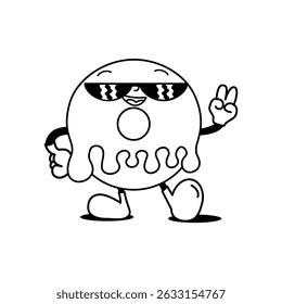 Stylized cartoon donut with dripping frosting, sunglasses, and a peace gesture, exuding a chill and groovy vibe.
