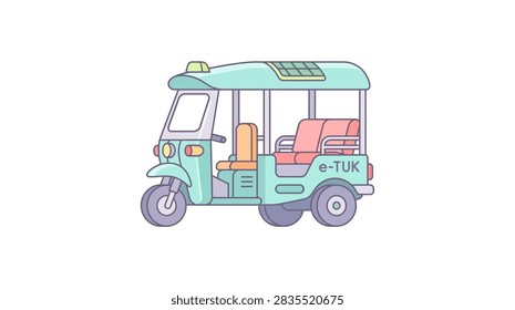 A stylized cartoon drawing of a light blue three wheeled tuk tuk taxi with orange seats and a roof rack
