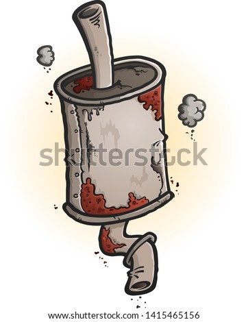 A stylized cartoon drawing of an old, beat up, rusty car muffler