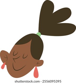 Stylized cartoon drawing of a person with a dark brown complexion, closed eyes, content expression, high ponytail tied with a green hair tie, and red earrings. Conveys calm and happiness.