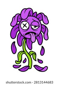 A stylized cartoon drawing of a purple flower with a sad, dizzy expression, drooping petals, and a wilted stem on white
