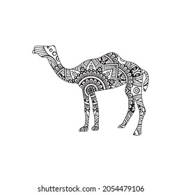 Stylized cartoon egyptian camel, Freehand sketch for adult anti stress coloring book page with doodle and zentangle elements. Isolated on white background.