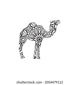 Stylized cartoon egyptian camel, Freehand sketch for adult anti stress coloring book page with doodle and zentangle elements. Isolated on white background.