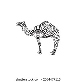 Stylized cartoon egyptian camel, Freehand sketch for adult anti stress coloring book page with doodle and zentangle elements. Isolated on white background.