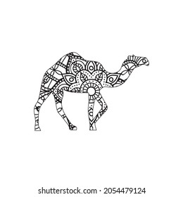 Stylized cartoon egyptian camel, Freehand sketch for adult anti stress coloring book page with doodle and zentangle elements. Isolated on white background.