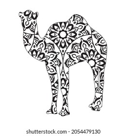 Stylized cartoon egyptian camel, Freehand sketch for adult anti stress coloring book page with doodle and zentangle elements. Isolated on white background.