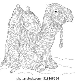 Stylized cartoon egyptian camel, isolated on white background. Freehand sketch for adult anti stress coloring book page with doodle and zentangle elements.