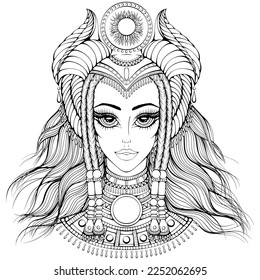 Stylized cartoon Egyptian woman in ancient hairstyle. Vector illustrations in hand drawn sketch doodle style isolated. Coloring book page. Queen, goddess, princess. Print, tattoo. Decorative headdress