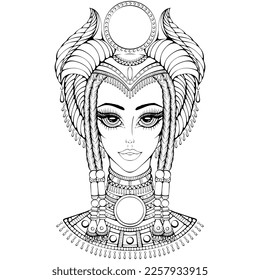 Stylized cartoon Egyptian woman in ancient headdress. Animation portrait. Vector illustrations in hand drawn sketch doodle style isolated. Coloring book page. Queen, goddess, princess. Print, tattoo