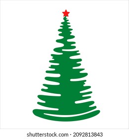 Stylized Cartoon Evergreen Fir Tree isolated on white background. A little red star on the top like a diamond for Christmas. Hand-drawn Vector Illustration of Xmas Green Coniferous Tree with asterisk.