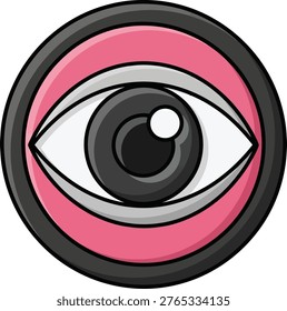 A stylized cartoon eye with a pink and black circular featuring a white and gray iris, black pupil, and white highlight.