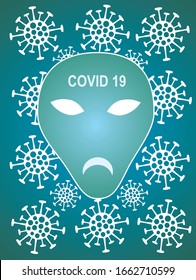A stylized cartoon face image of a coronavirus with text: Covid 19.  Vector art graphic.