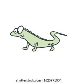 Stylized cartoon funny lizard. Smiling curious reptile, lizard, children's illustration. Minimalistic character.Vector stock illustration hand-drawn, on a white isolated background.