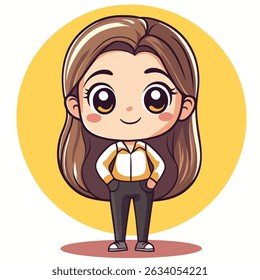 A stylized cartoon girl with large eyes, long brown hair, a yellow and white shirt, and dark pants.