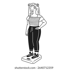Stylized cartoon girl with long hair confidently stands on a scale. She wears a striped top and sneakers. Monochrome vector illustration highlights selfawareness and health.